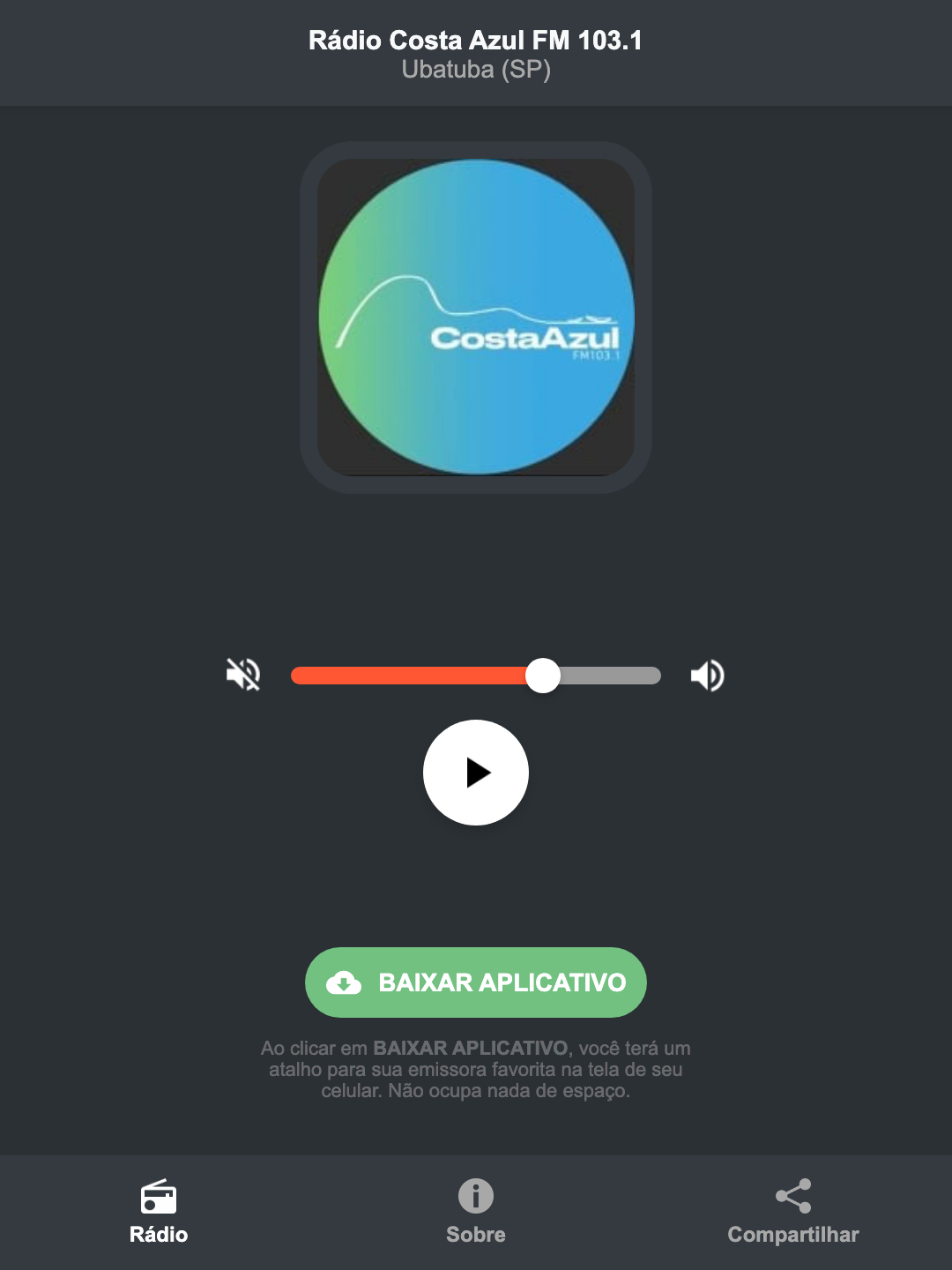 Screenshot do aplicativo da Rádio Costa Azul FM 103.1