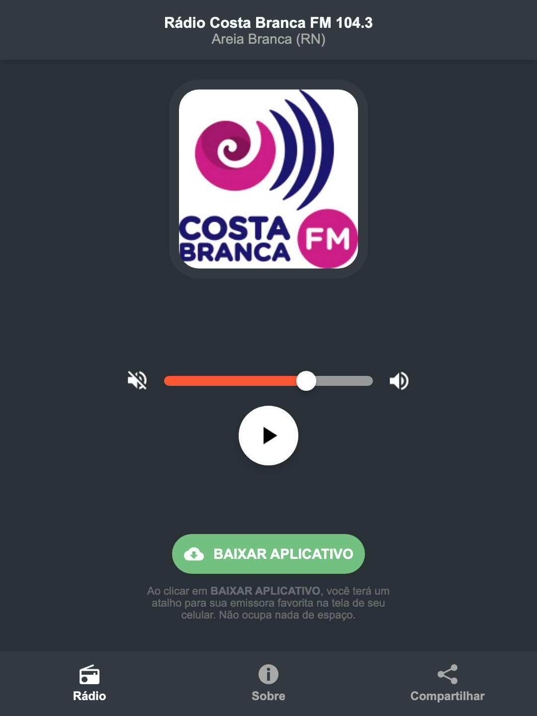 Screenshot do aplicativo da Rádio Costa Branca FM 104.3