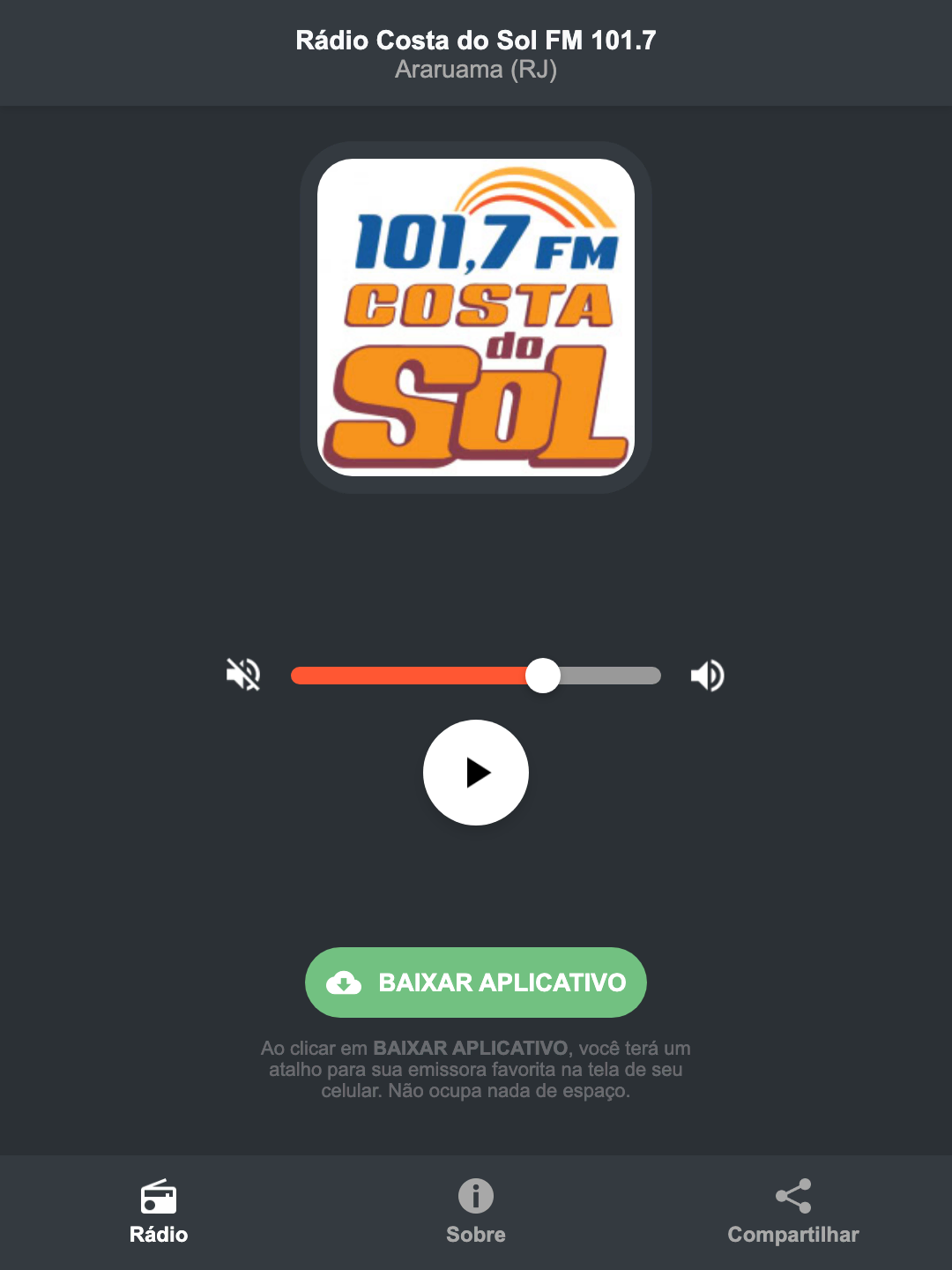 Screenshot do aplicativo da Rádio Costa do Sol FM 101.7