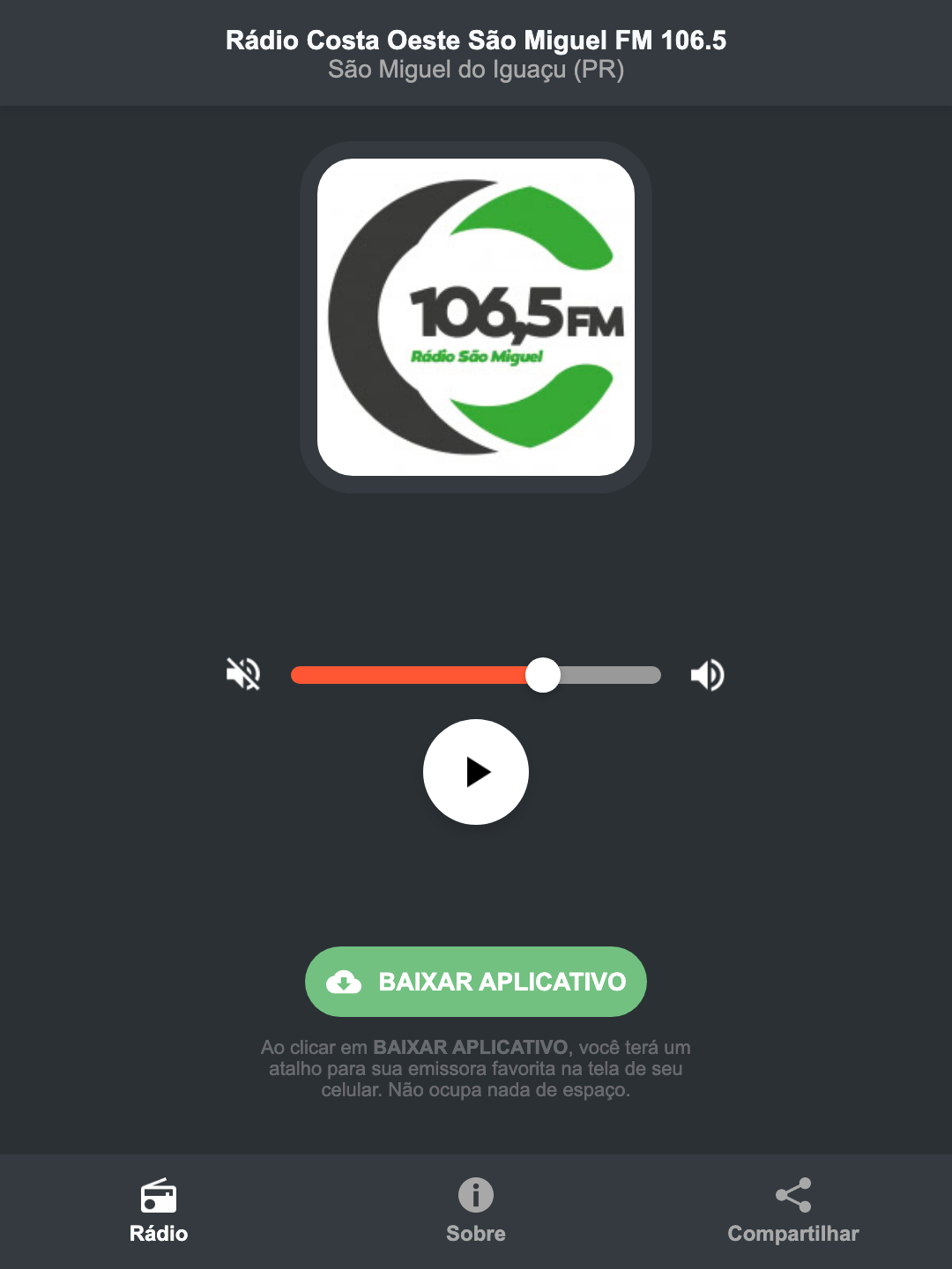 Screenshot do aplicativo da Rádio Costa Oeste São Miguel FM 106.5