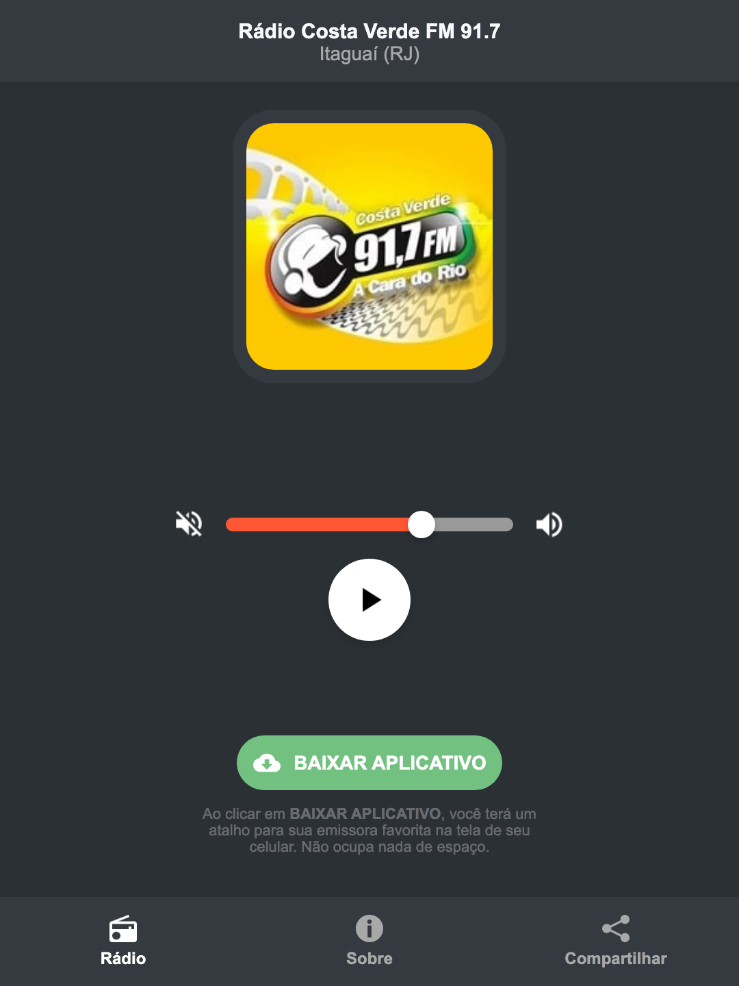 Screenshot do aplicativo da Rádio Costa Verde FM 91.7