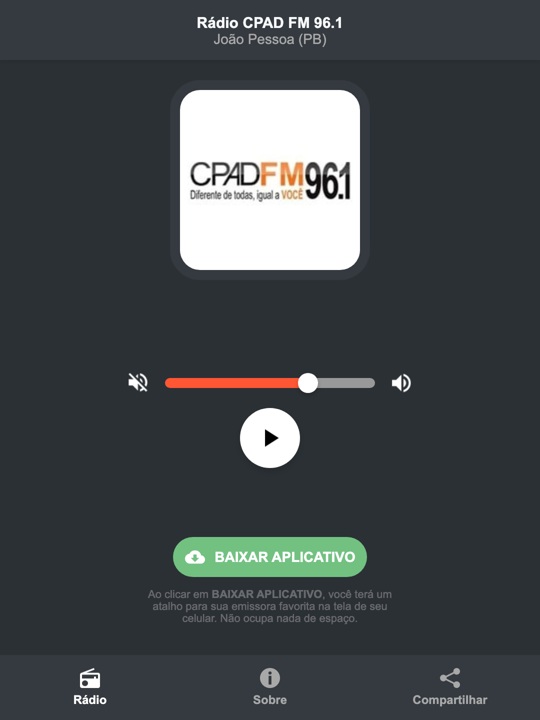 Screenshot do aplicativo da Rádio CPAD FM 96.1