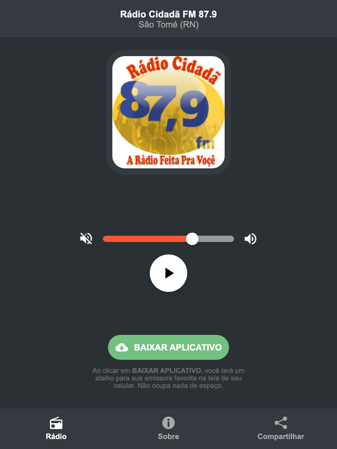 Screenshot do aplicativo da Rádio Cidadã FM 87.9