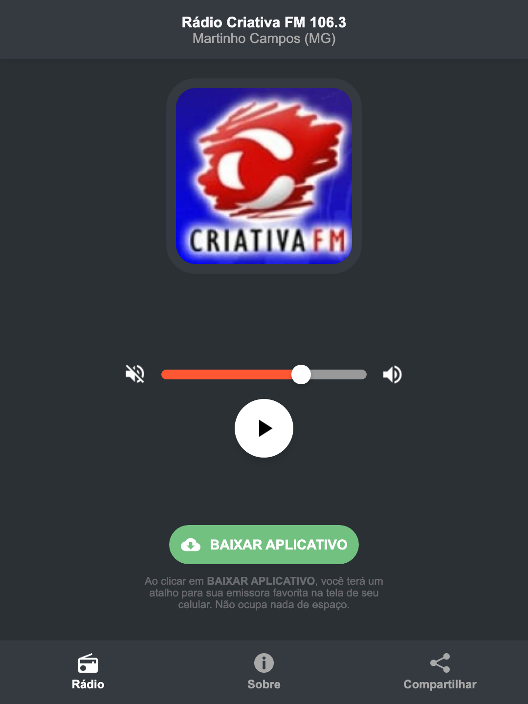 Screenshot do aplicativo da Rádio Criativa FM 106.3