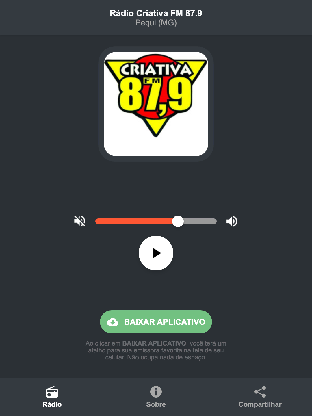 Screenshot do aplicativo da Rádio Criativa FM 87.9