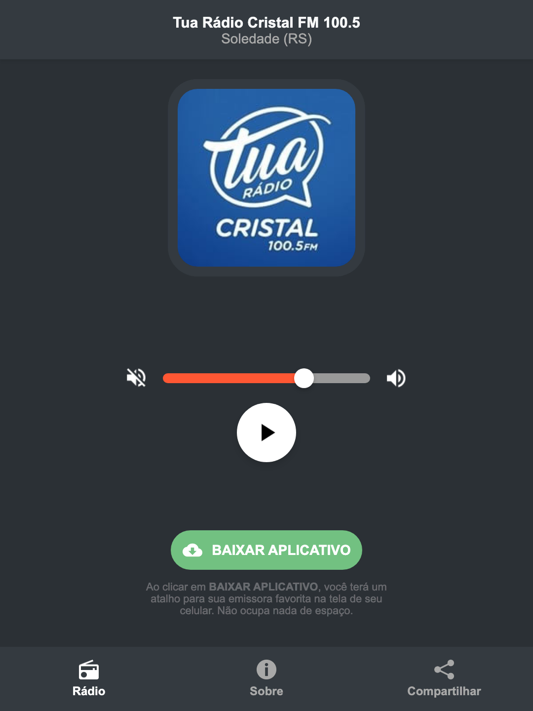 Screenshot do aplicativo da Tua Rádio Cristal FM 100.5