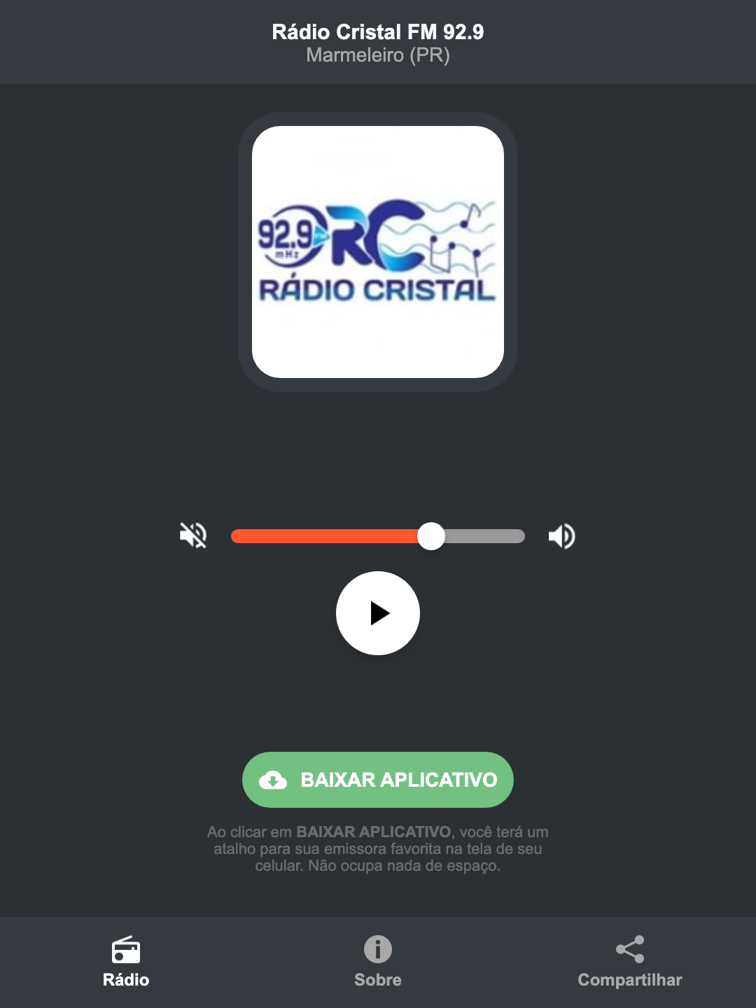 Screenshot do aplicativo da Rádio Cristal FM 92.9