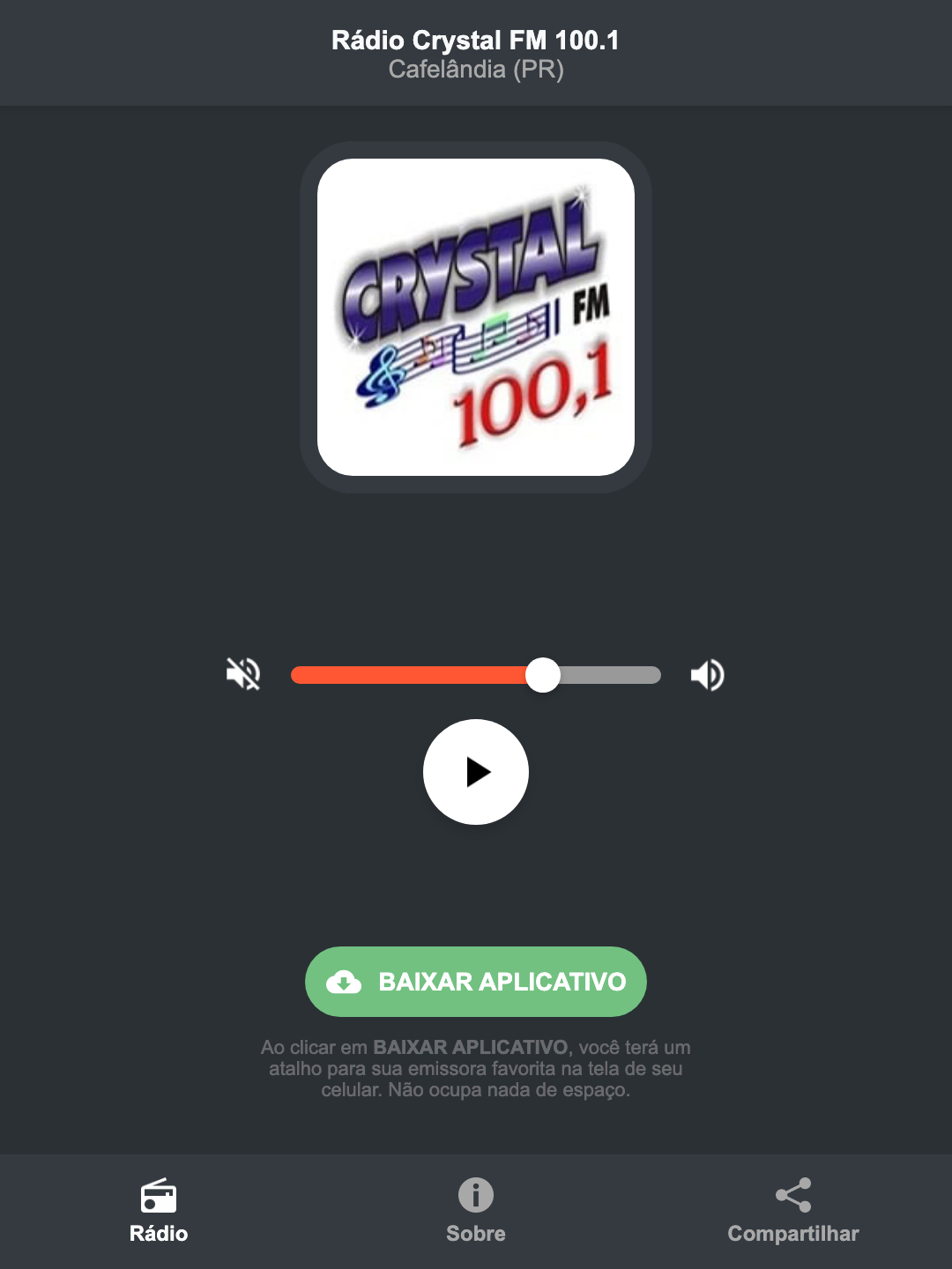 Screenshot do aplicativo da Rádio Crystal FM 100.1