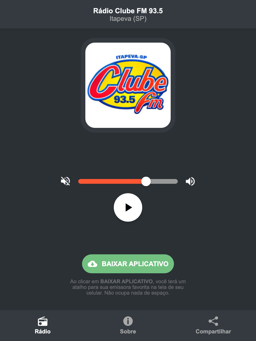 Screenshot do aplicativo da Rádio Clube FM 93.5