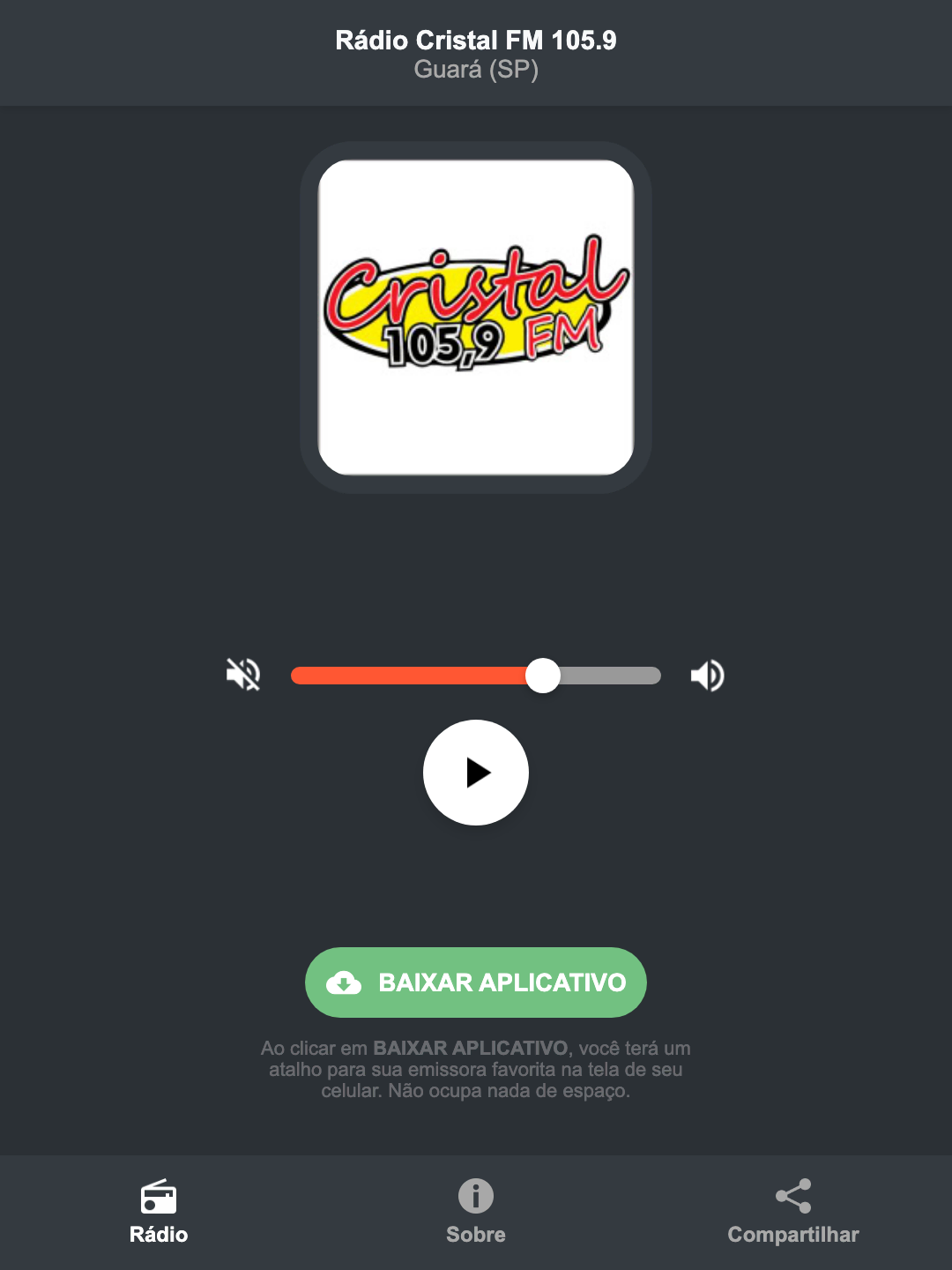 Screenshot do aplicativo da Rádio Cristal FM 105.9