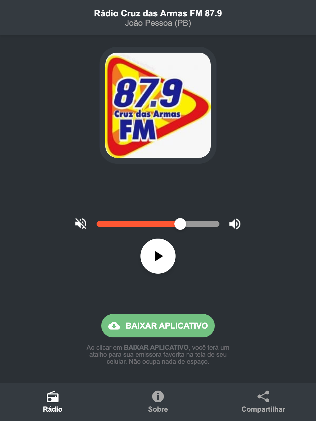 Screenshot do aplicativo da Rádio Cruz das Armas FM 87.9