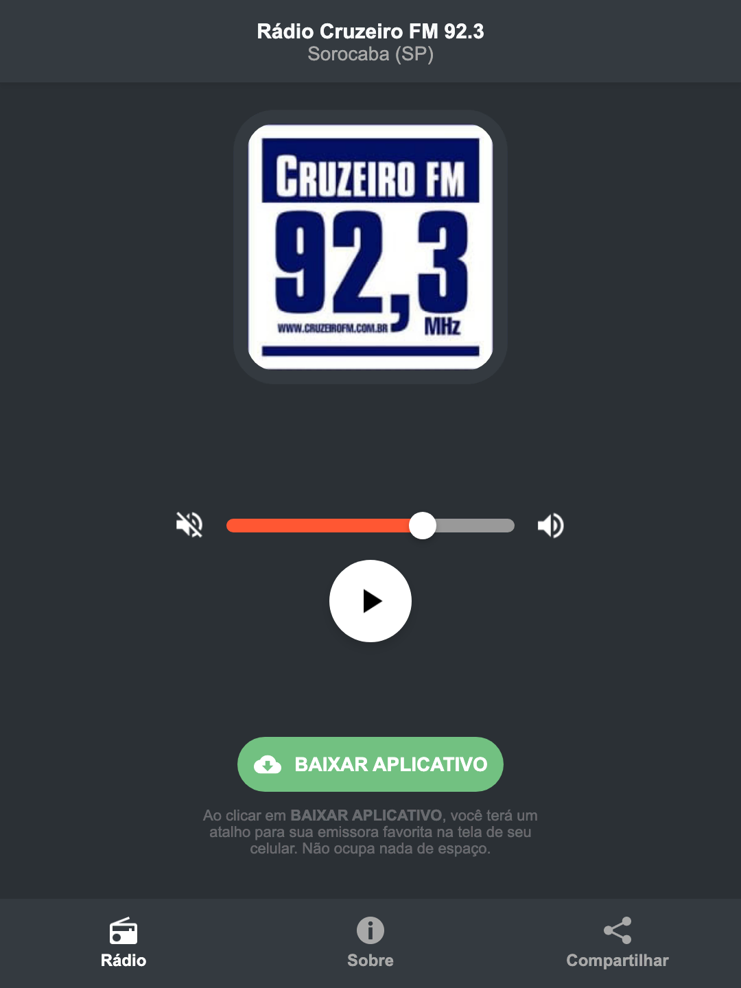 Screenshot do aplicativo da Rádio Cruzeiro FM 92.3