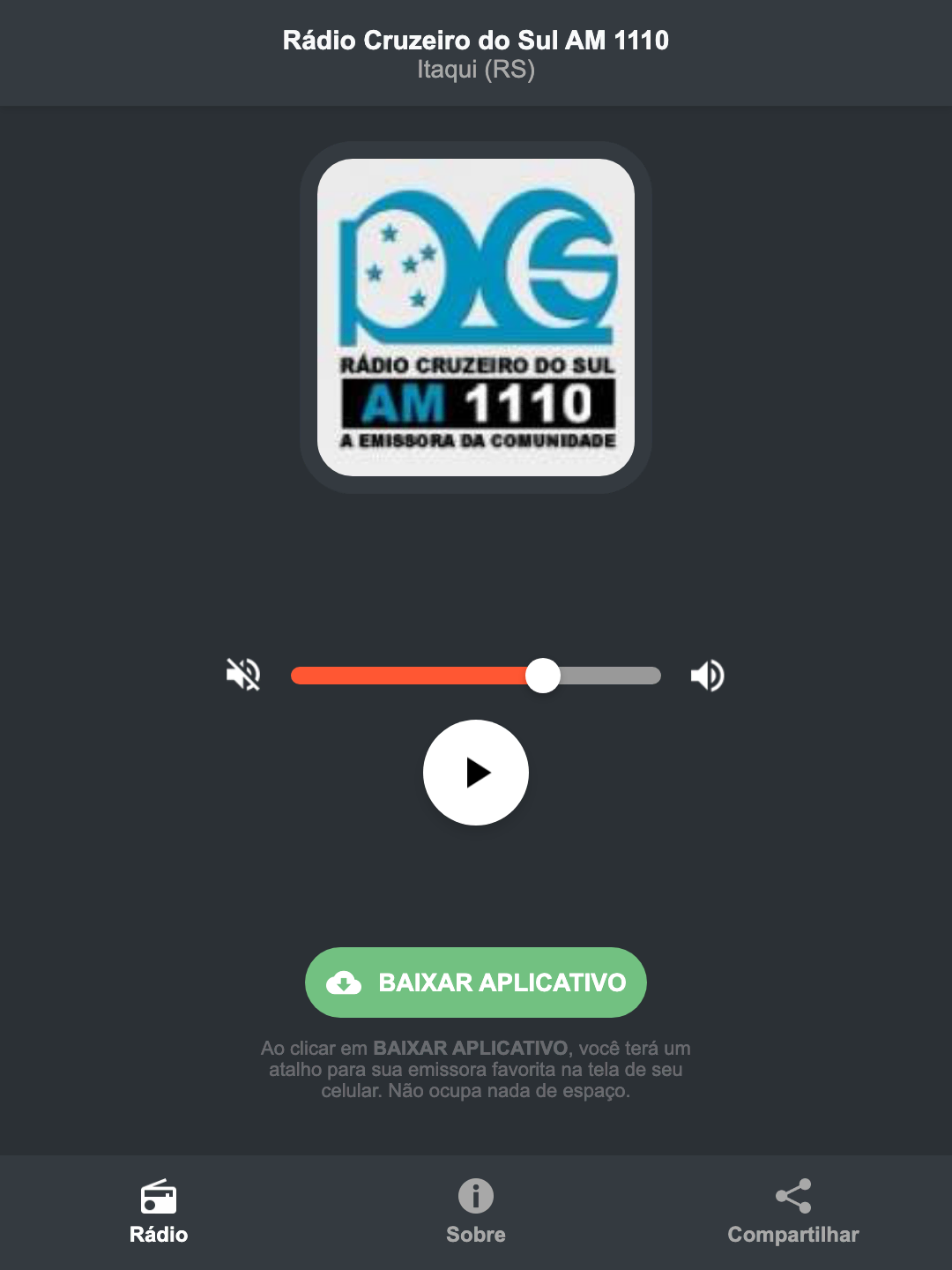 Screenshot do aplicativo da Rádio Cruzeiro do Sul AM 1110