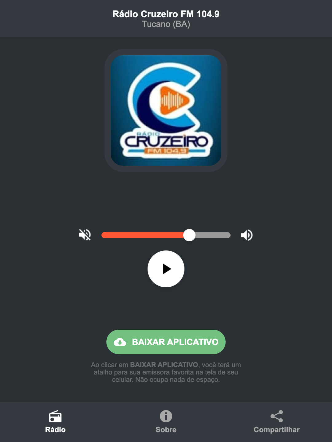 Screenshot do aplicativo da Rádio Cruzeiro FM 104.9
