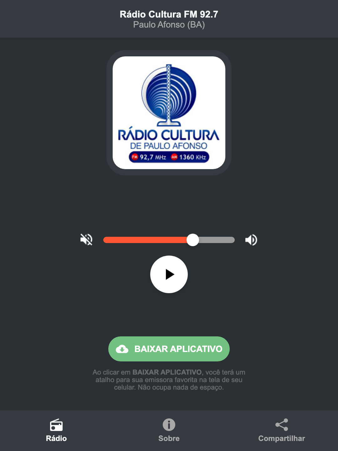 Screenshot do aplicativo da Rádio Cultura FM 92.7