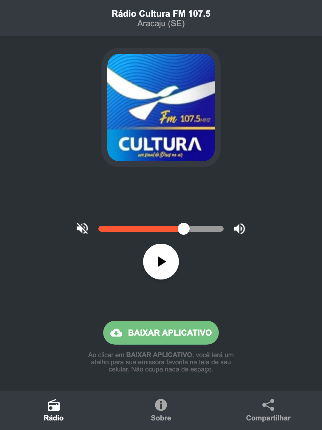 Screenshot do aplicativo da Rádio Cultura FM 107.5