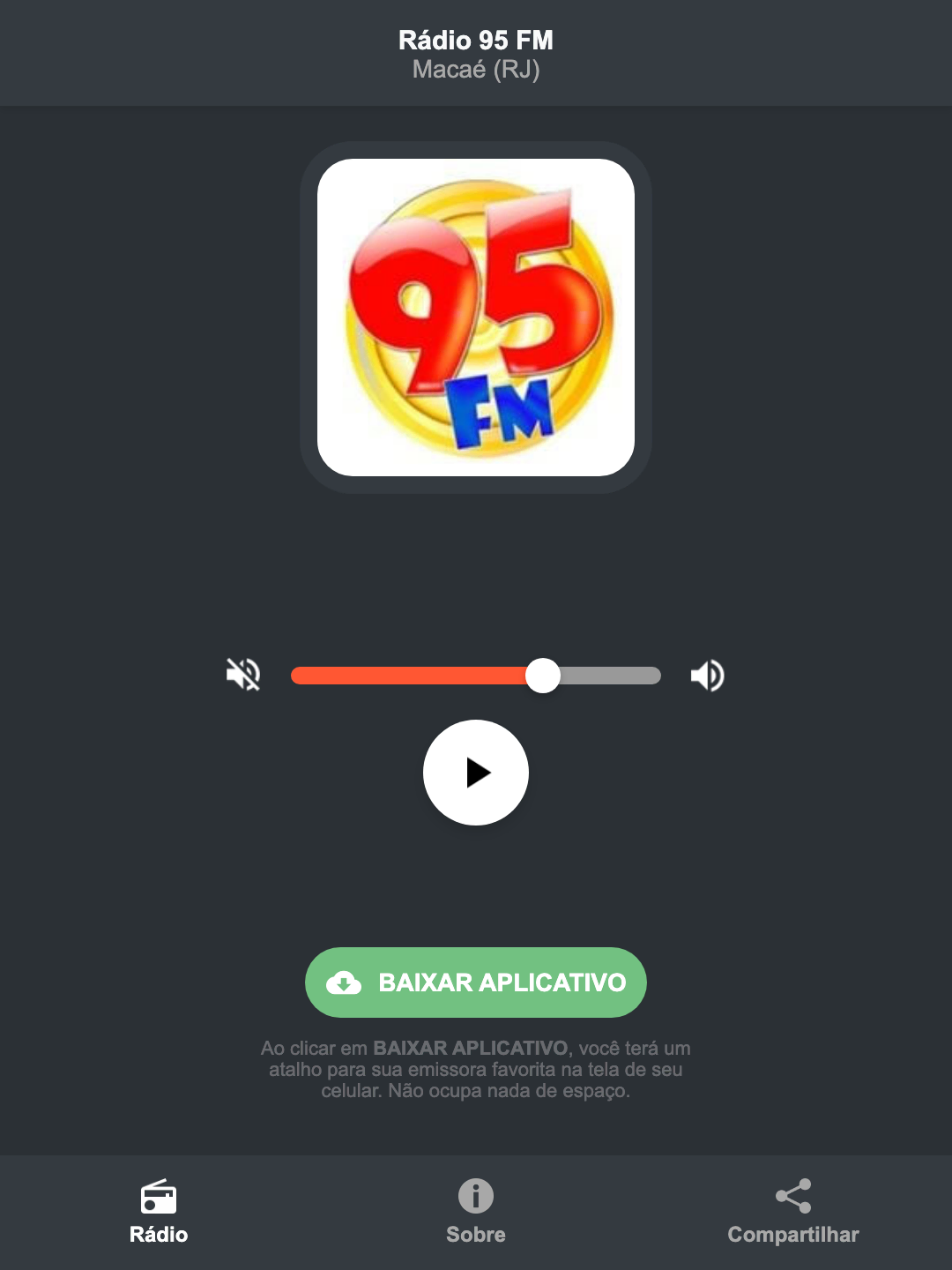Screenshot do aplicativo da Rádio 95 FM