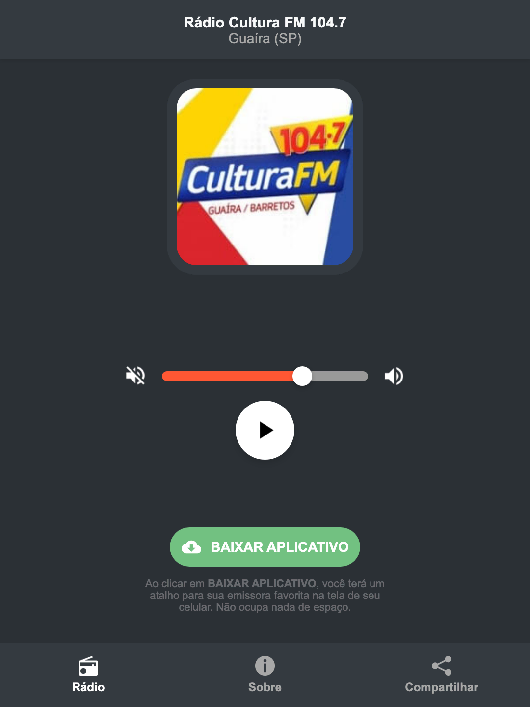Screenshot do aplicativo da Rádio Cultura FM 104.7