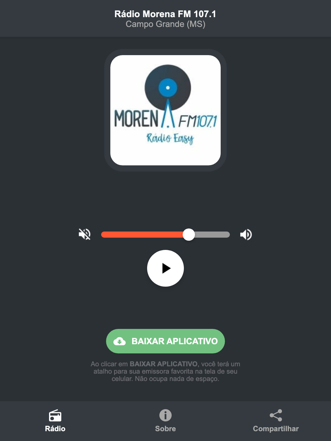 Screenshot do aplicativo da Rádio Morena FM 107.1