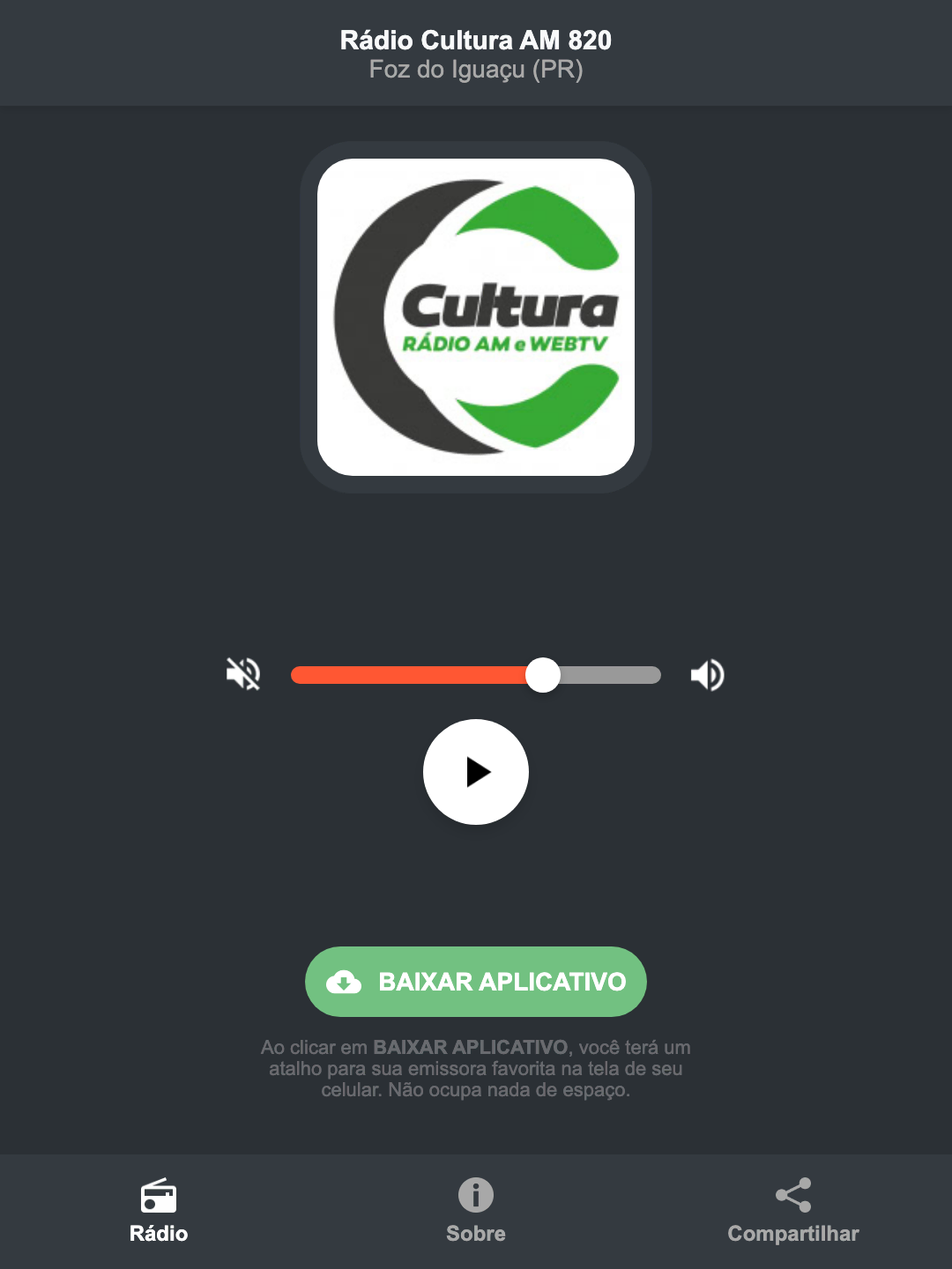 Screenshot do aplicativo da Rádio Cultura AM 820