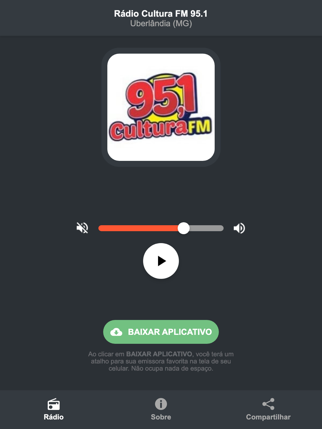 Screenshot do aplicativo da Rádio Cultura FM 95.1