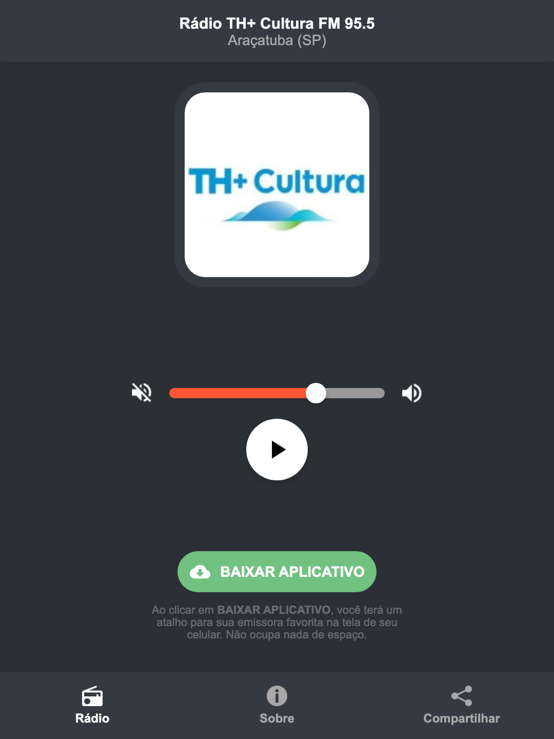 Screenshot do aplicativo da Rádio TH+ Cultura FM 95.5