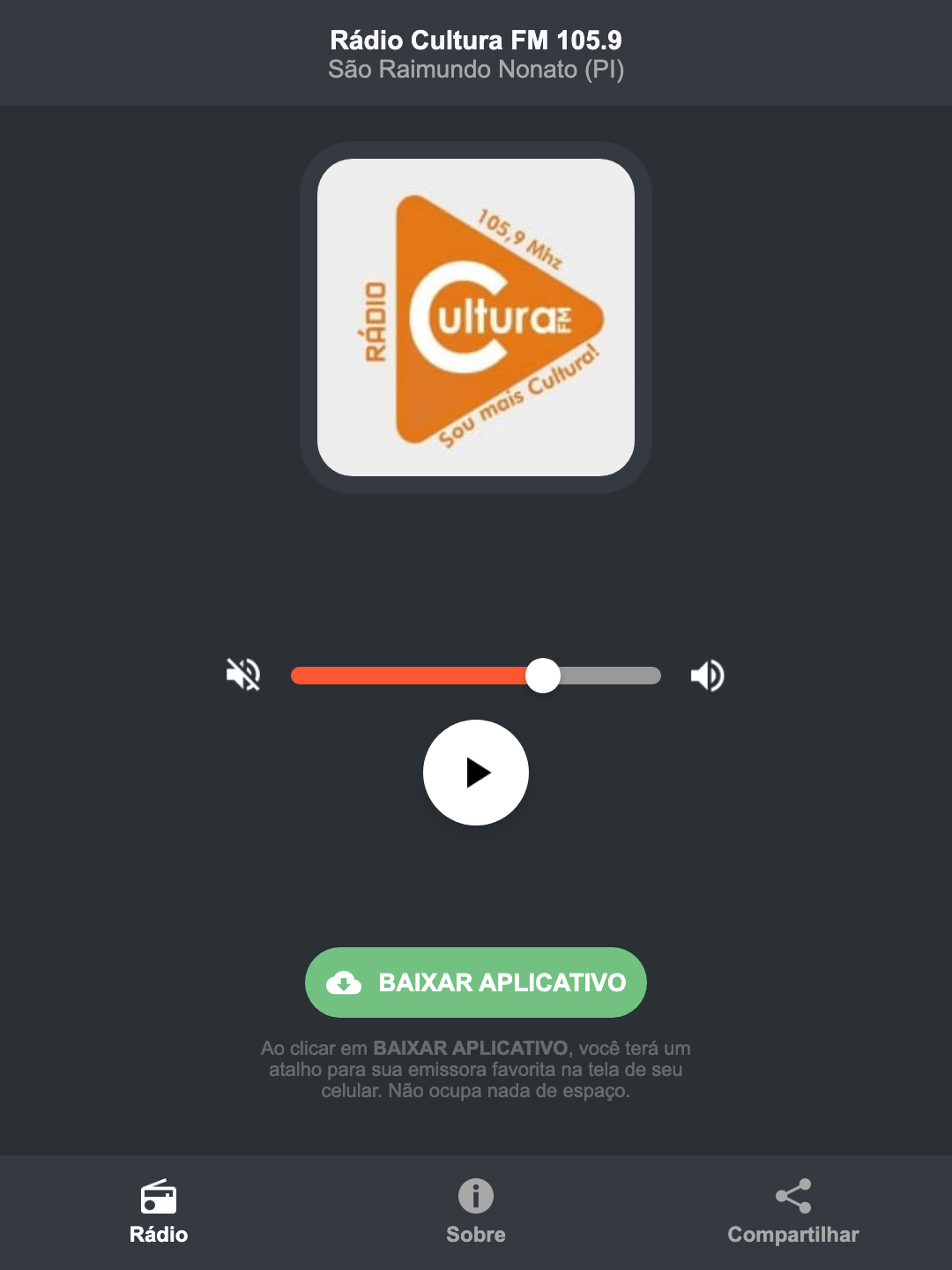 Screenshot do aplicativo da Rádio Cultura FM 105.9