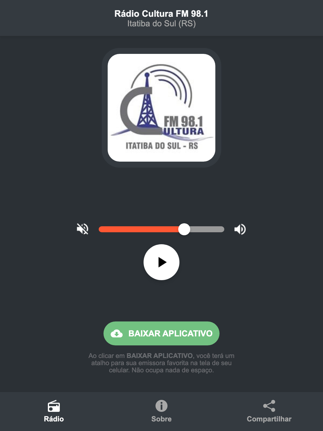 Screenshot do aplicativo da Rádio Cultura FM 98.1