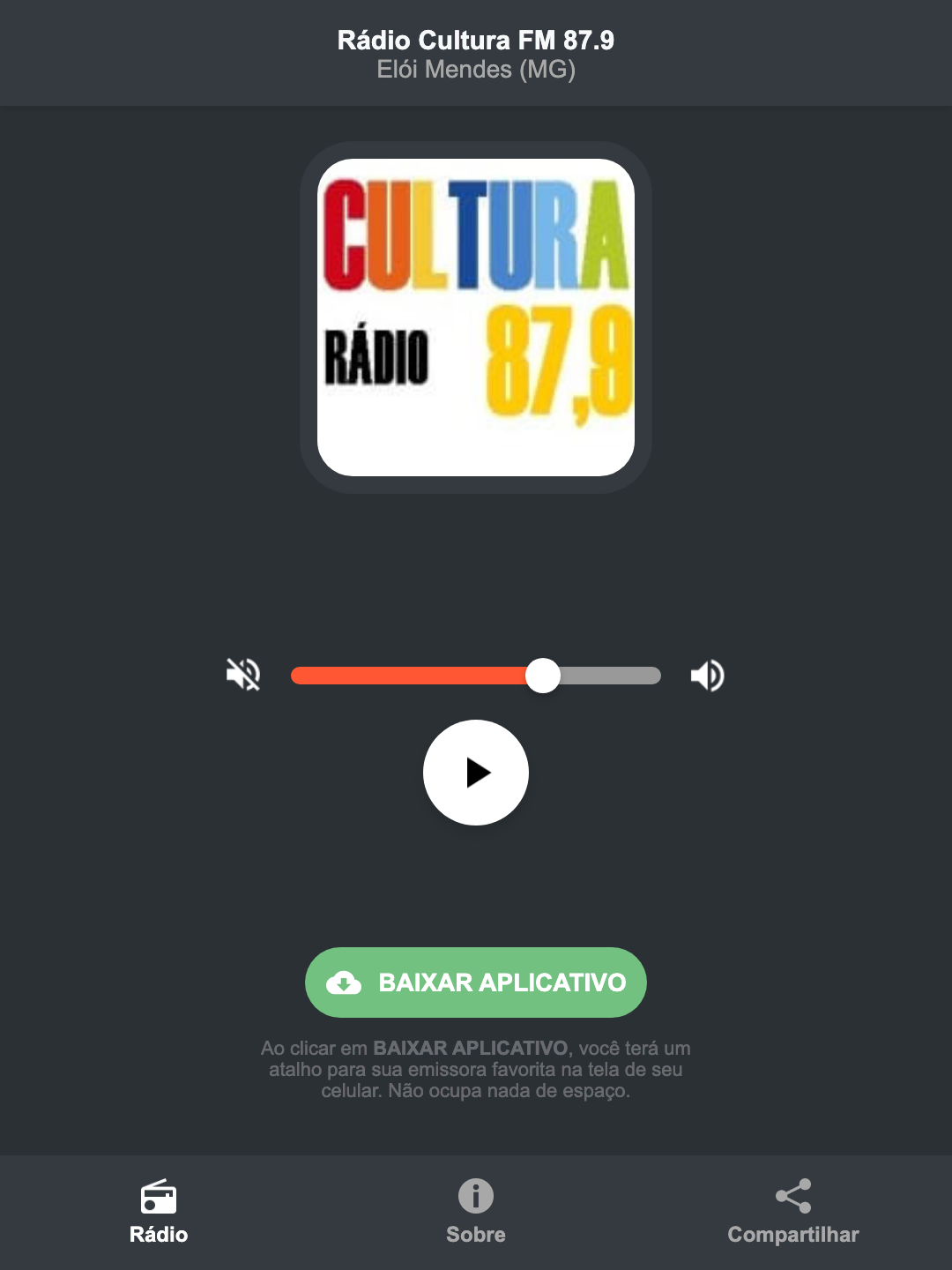 Screenshot do aplicativo da Rádio Cultura FM 87.9