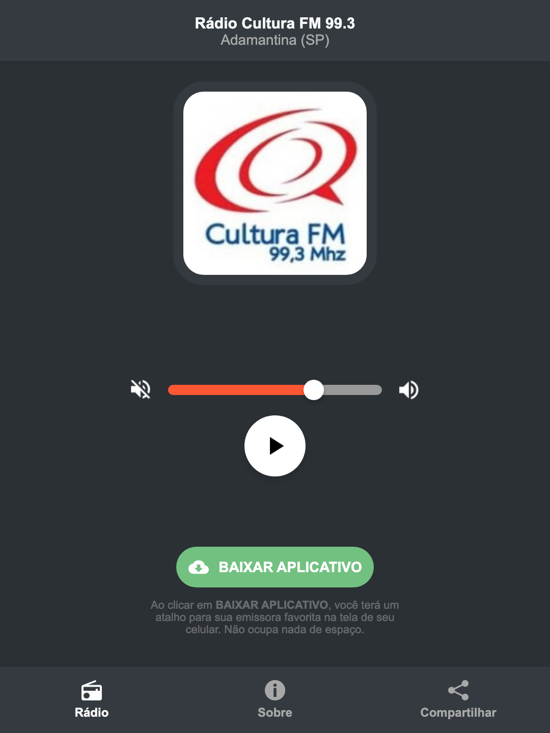 Screenshot do aplicativo da Rádio Cultura FM 99.3