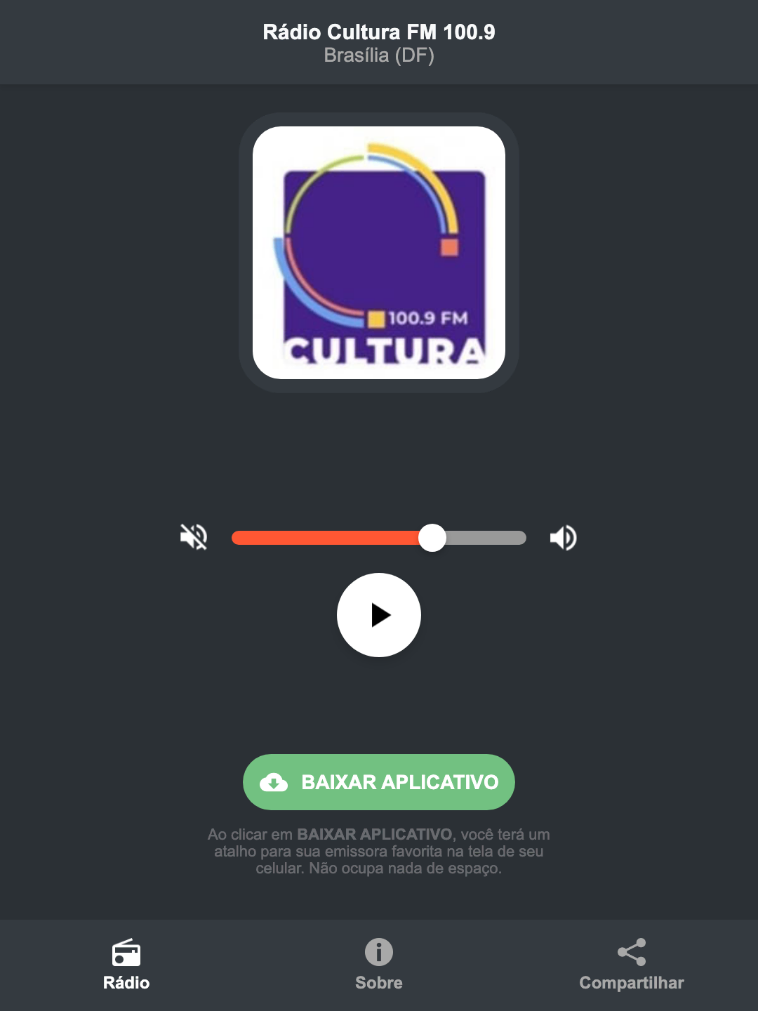 Screenshot do aplicativo da Rádio Cultura FM 100.9