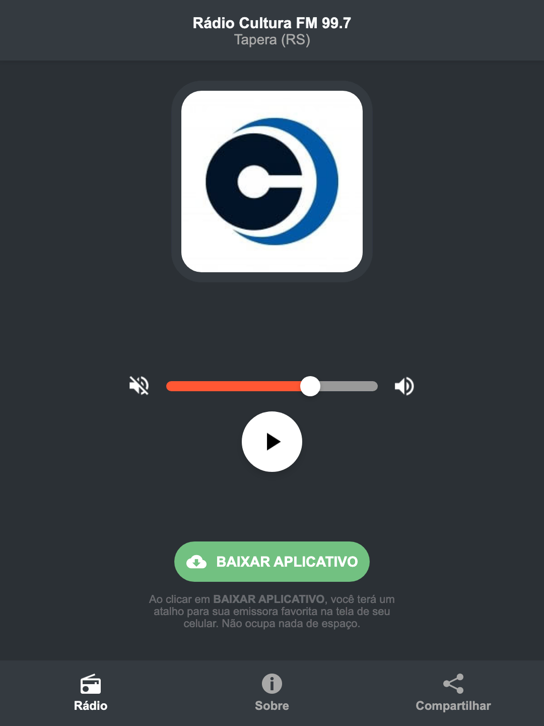 Screenshot do aplicativo da Rádio Cultura FM 99.7