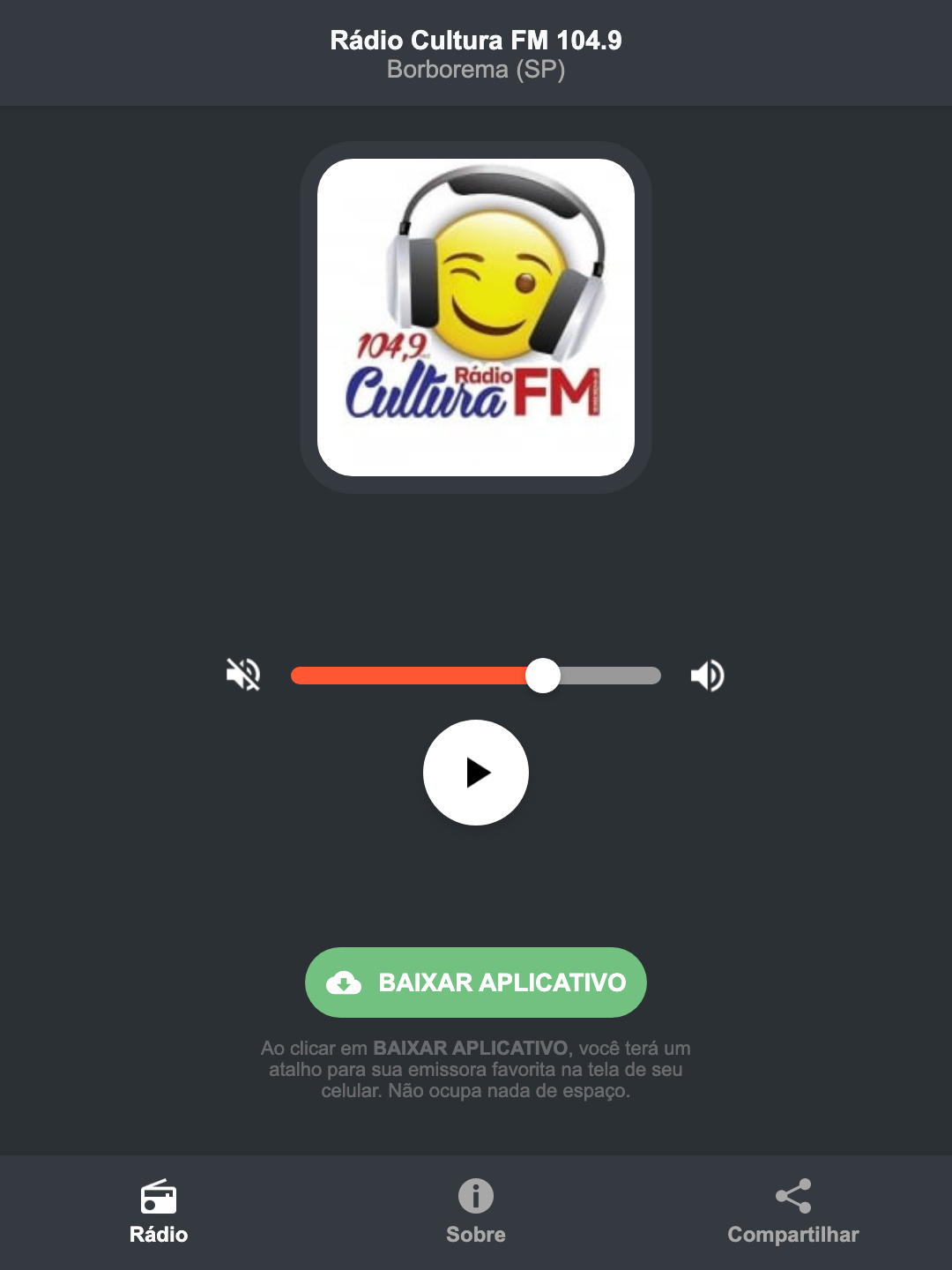 Screenshot do aplicativo da Rádio Cultura FM 104.9