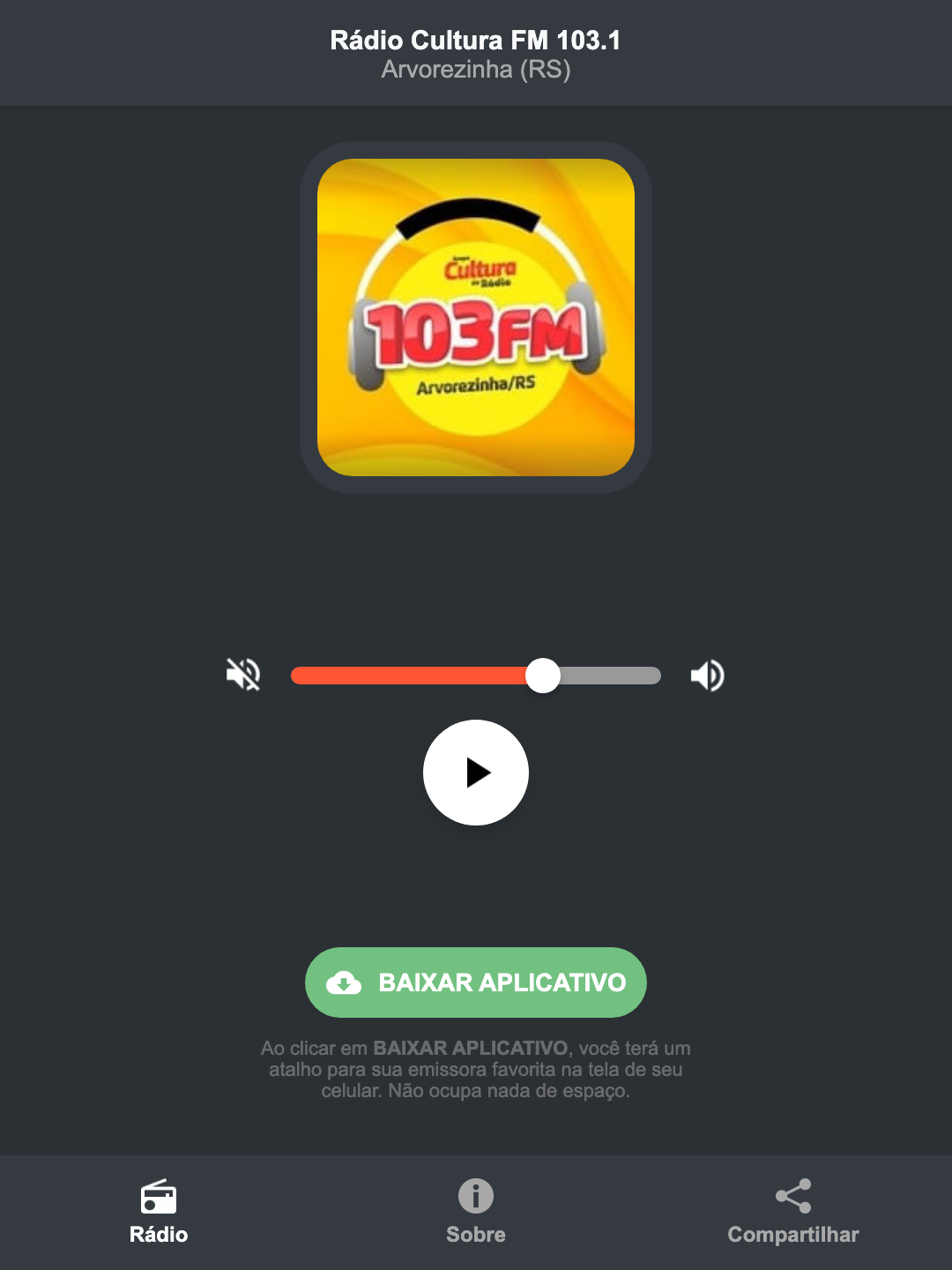 Screenshot do aplicativo da Rádio Cultura FM 103.1