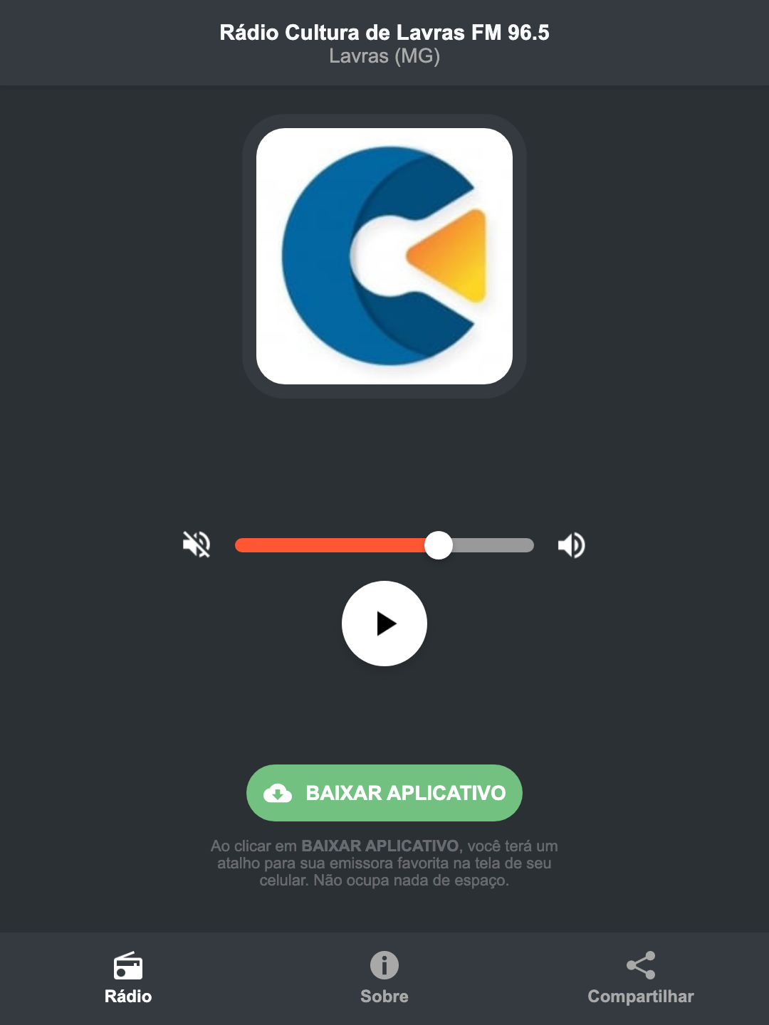 Screenshot do aplicativo da Rádio Cultura de Lavras FM 96.5
