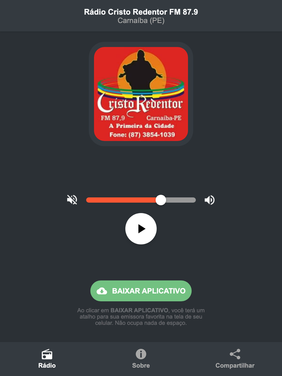 Screenshot do aplicativo da Rádio Cristo Redentor FM 87.9