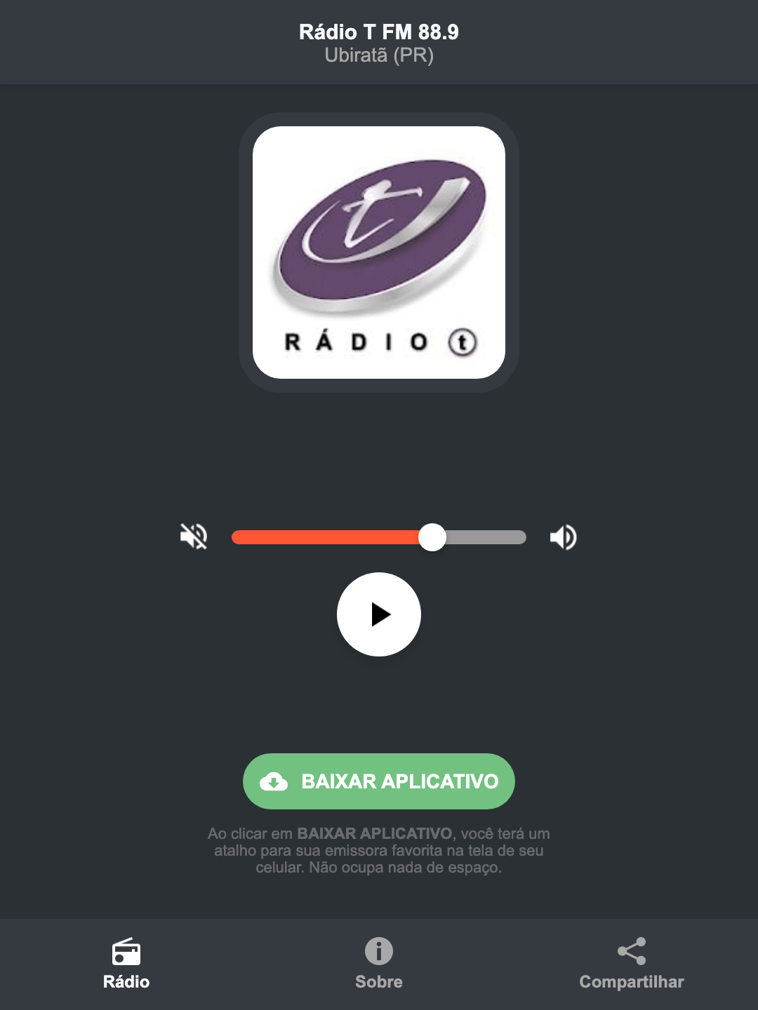Screenshot do aplicativo da Rádio T FM 88.9