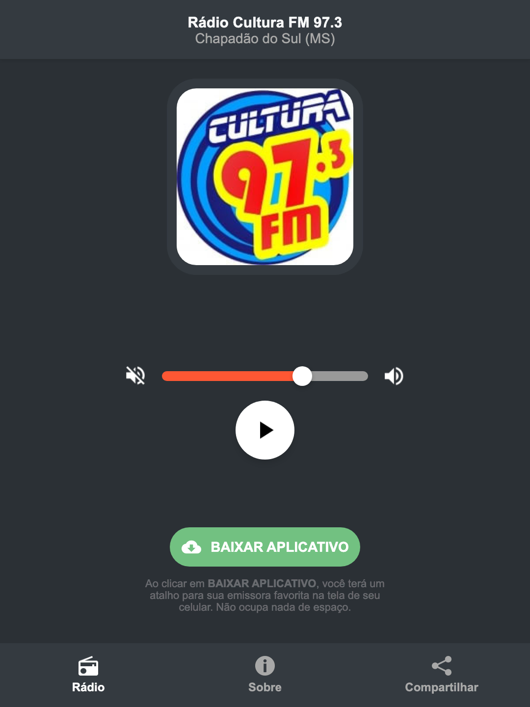 Screenshot do aplicativo da Rádio Cultura FM 97.3