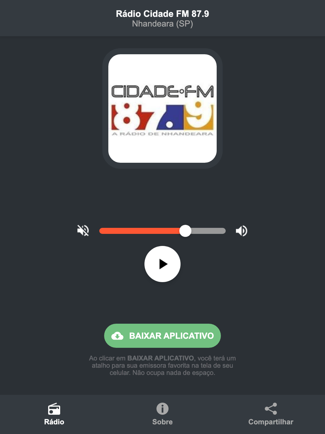 Screenshot do aplicativo da Rádio Cidade FM 87.9
