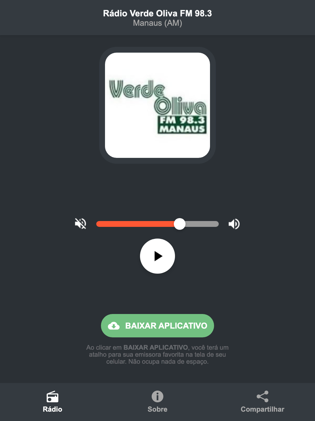 Screenshot do aplicativo da Rádio Verde Oliva FM 98.3