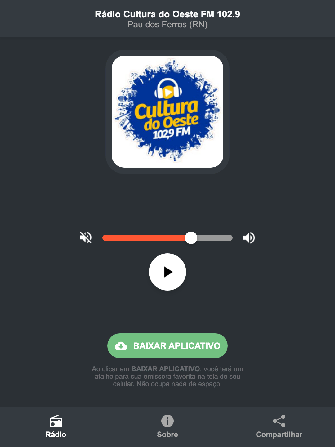 Screenshot do aplicativo da Rádio Cultura do Oeste FM 102.9