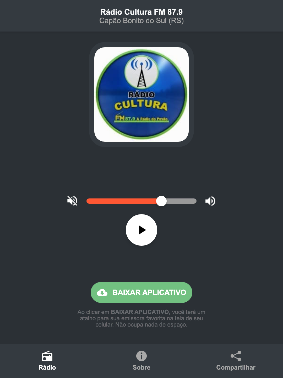 Screenshot do aplicativo da Rádio Cultura FM 87.9