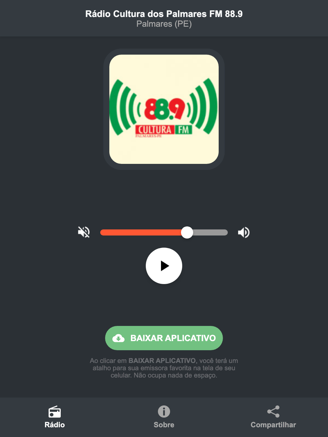 Screenshot do aplicativo da Rádio Cultura dos Palmares FM 88.9