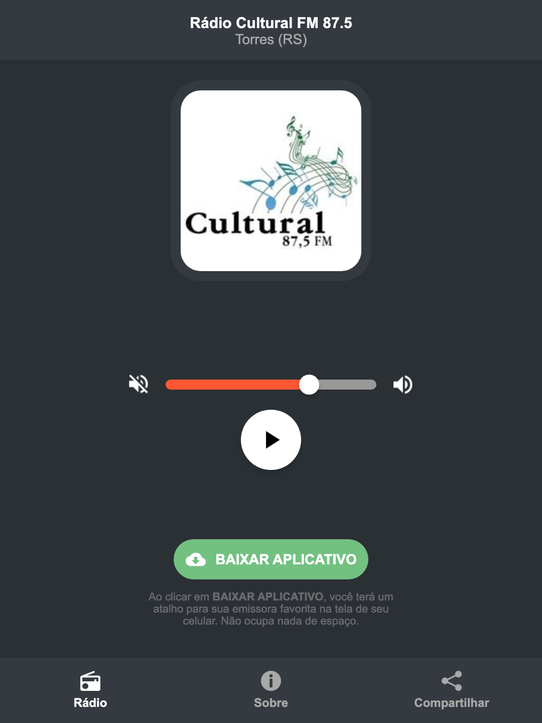 Screenshot do aplicativo da Rádio Cultural FM 87.5