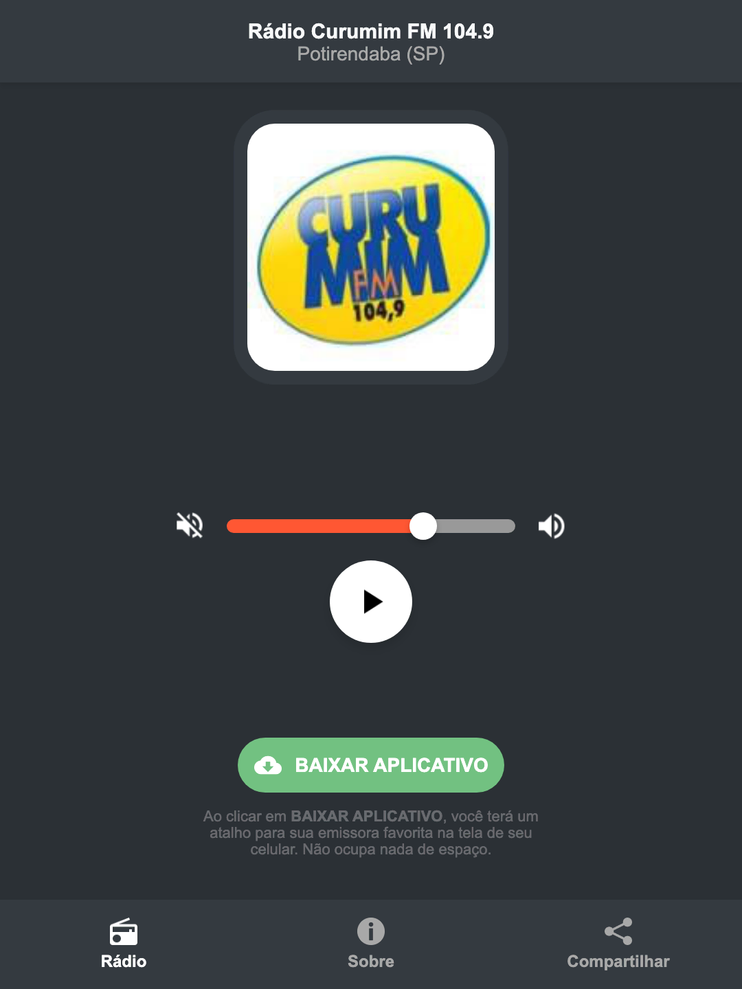 Screenshot do aplicativo da Rádio Curumim FM 104.9