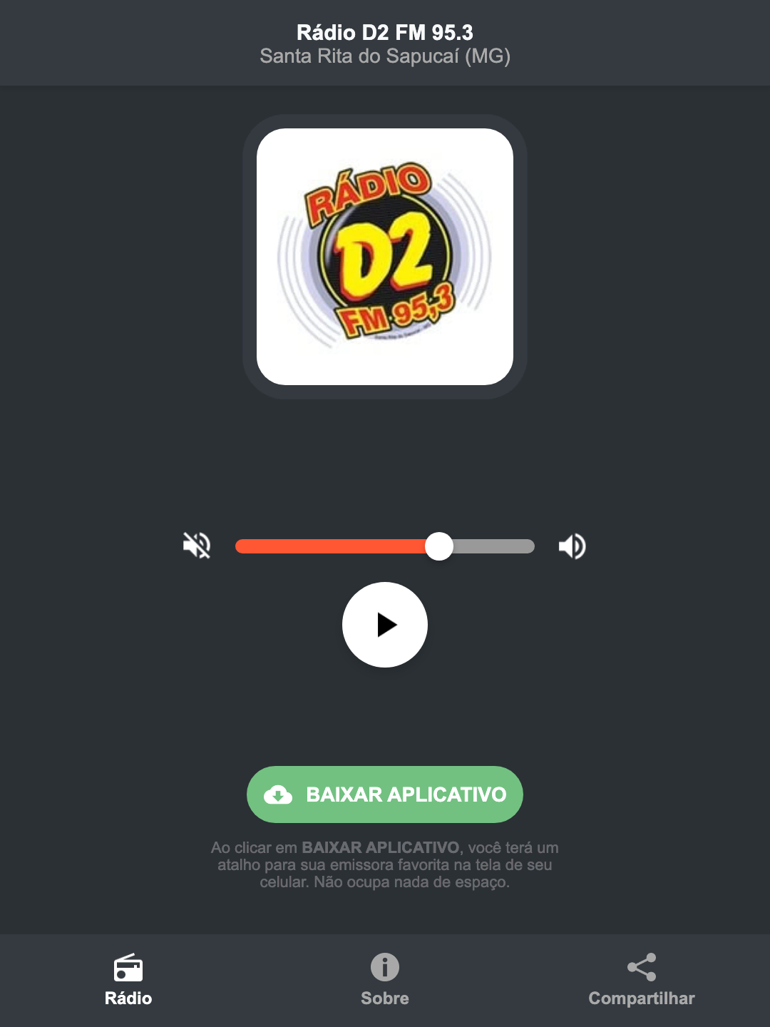 Screenshot do aplicativo da Rádio D2 FM 95.3