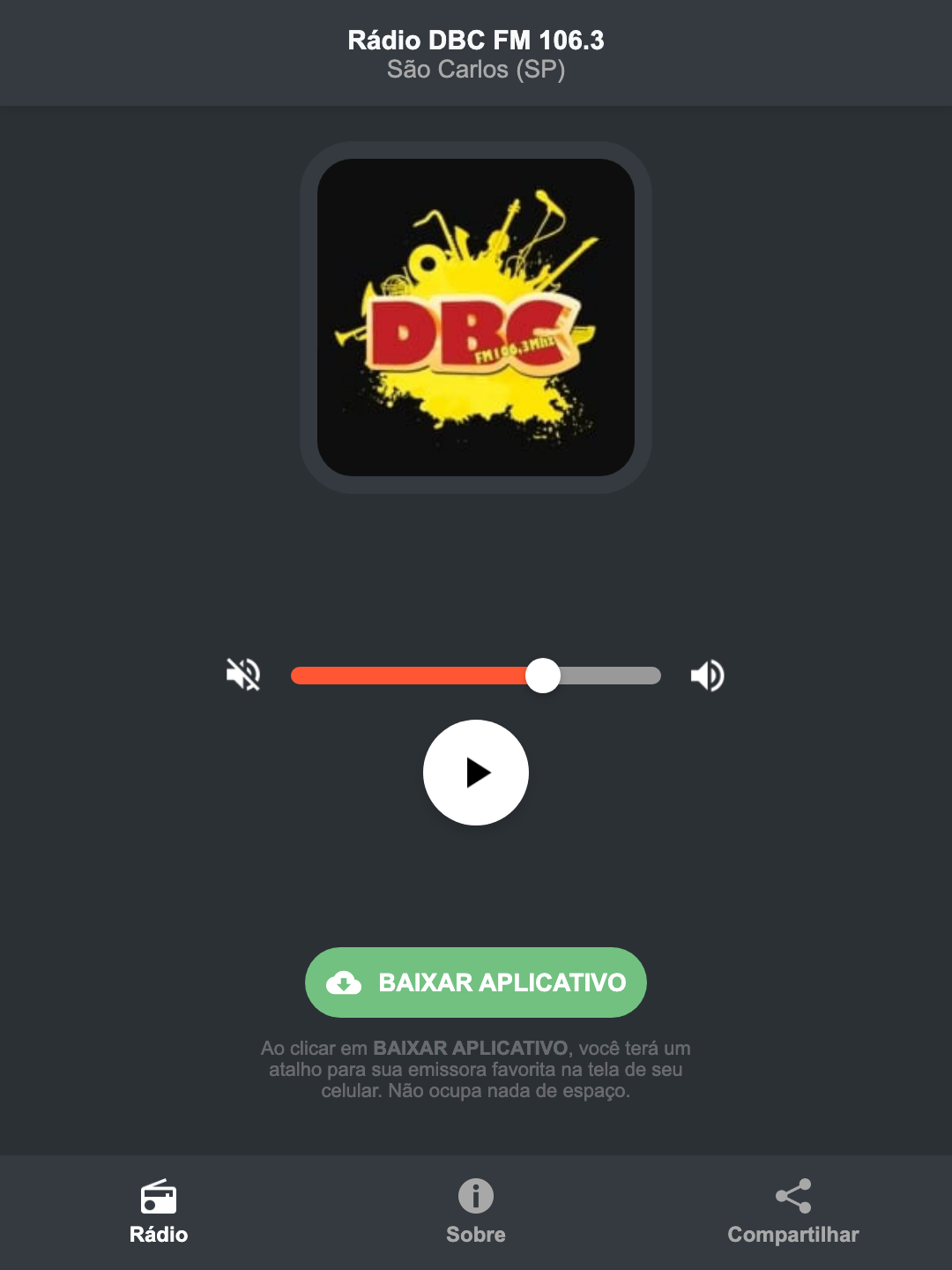 Screenshot do aplicativo da Rádio DBC FM 106.3