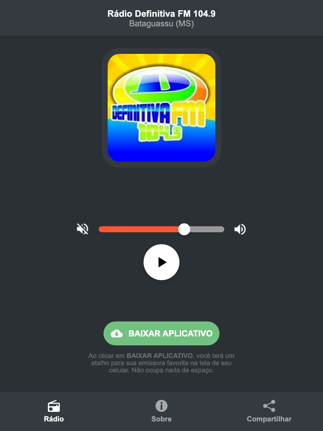 Screenshot do aplicativo da Rádio Definitiva FM 104.9