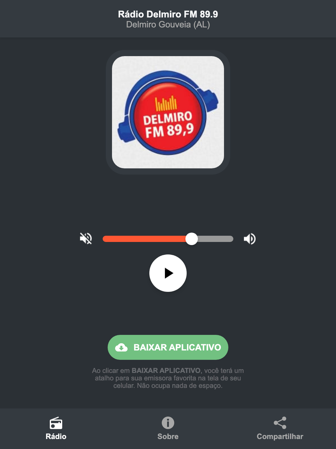 Screenshot do aplicativo da Rádio Delmiro FM 89.9