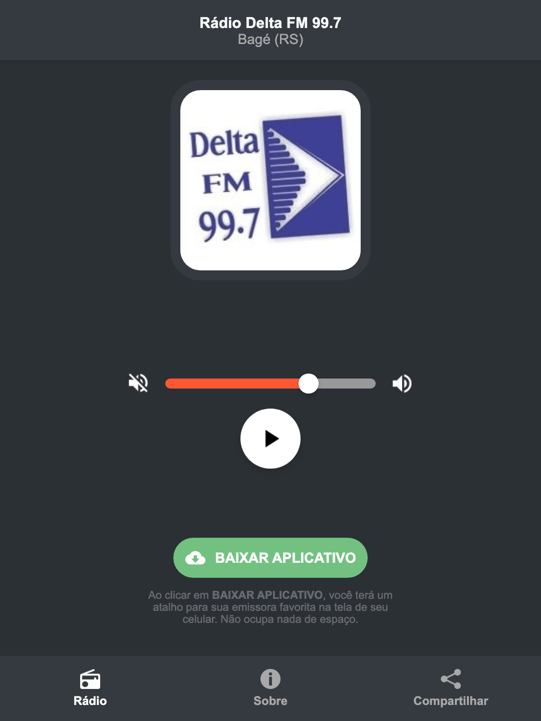 Screenshot do aplicativo da Rádio Delta FM 99.7